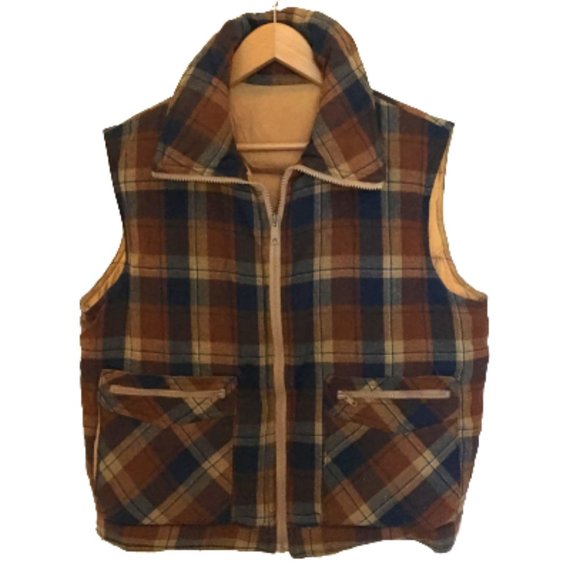 RARE Vintage 70s Plaid Wool Reversible Down Feather Puffer Vest Unisex - Picture 3 of 15